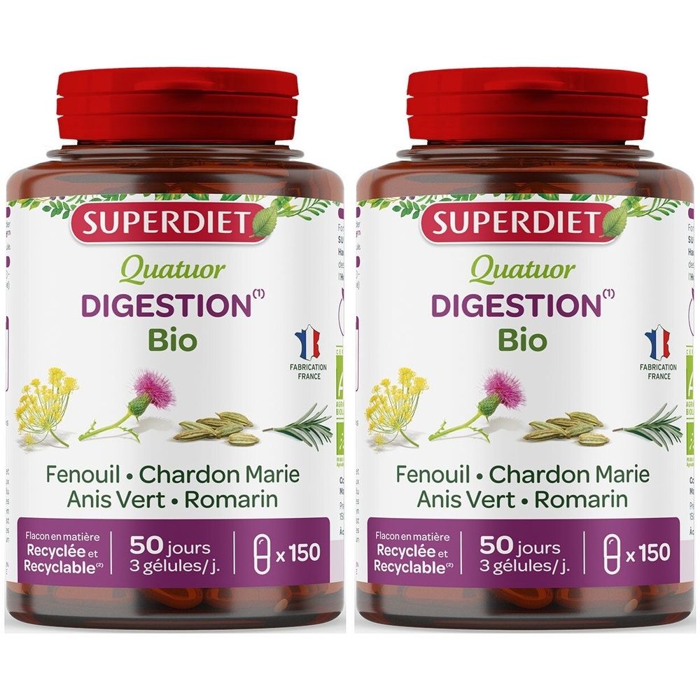 Zwei Flaschen SUPERDIET Quatuor Digestion Bio. Braune Flaschen mit rotem Deckel. Aufschrift: Fenouil, Chardon Marie, Anis Vert, Romarin.