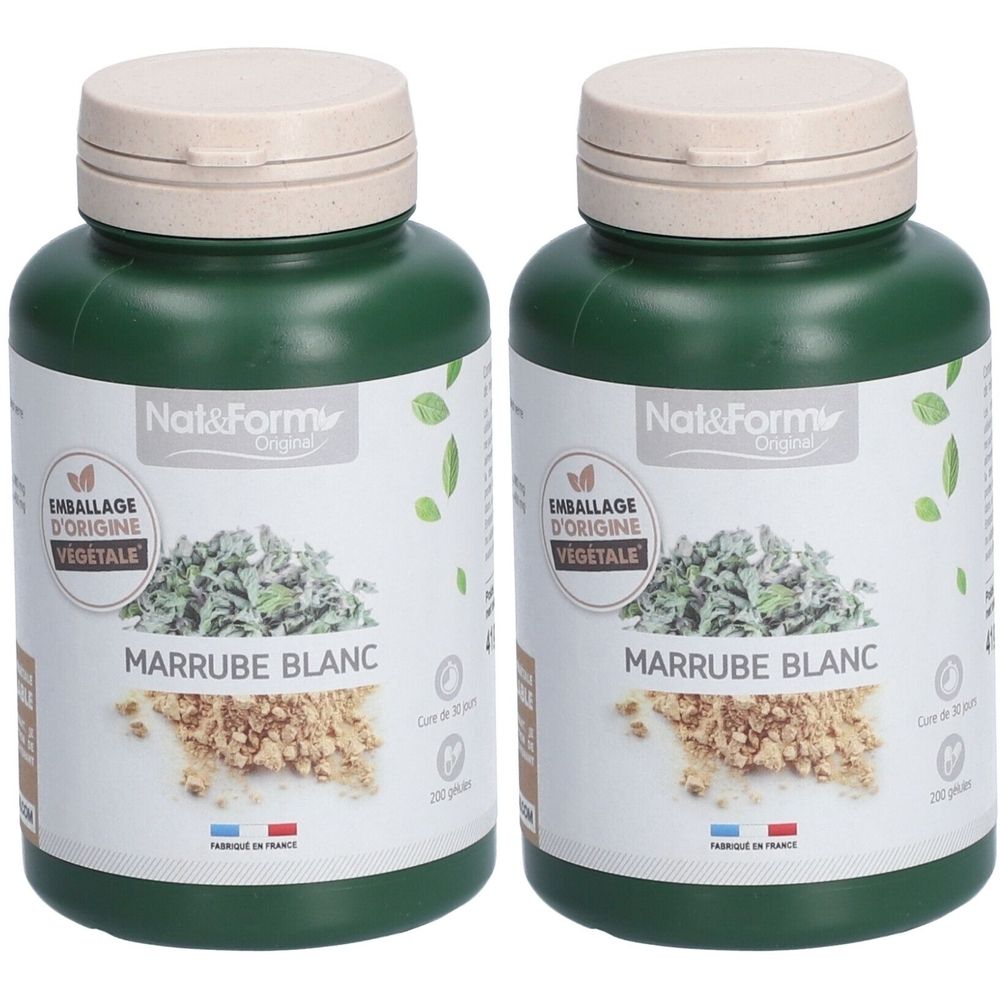 Deux flacons verts avec couvercles beiges. Inscription: Nat&Form, MARRUBE BLANC. Emballage d'origine végétale.
