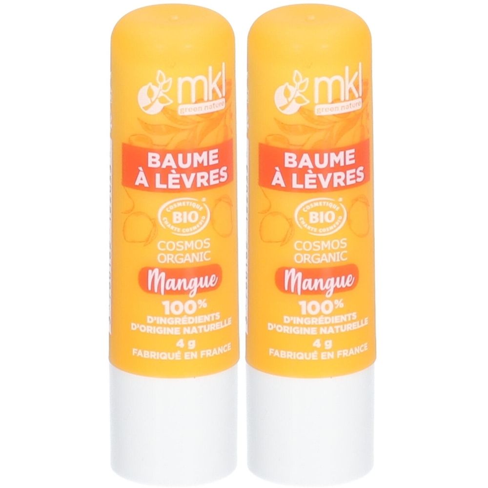 Deux tubes de baume à lèvres jaune avec des étiquettes orange. Les étiquettes indiquent "BAUME À LÈVRES", "Mangue" et "BIO".
