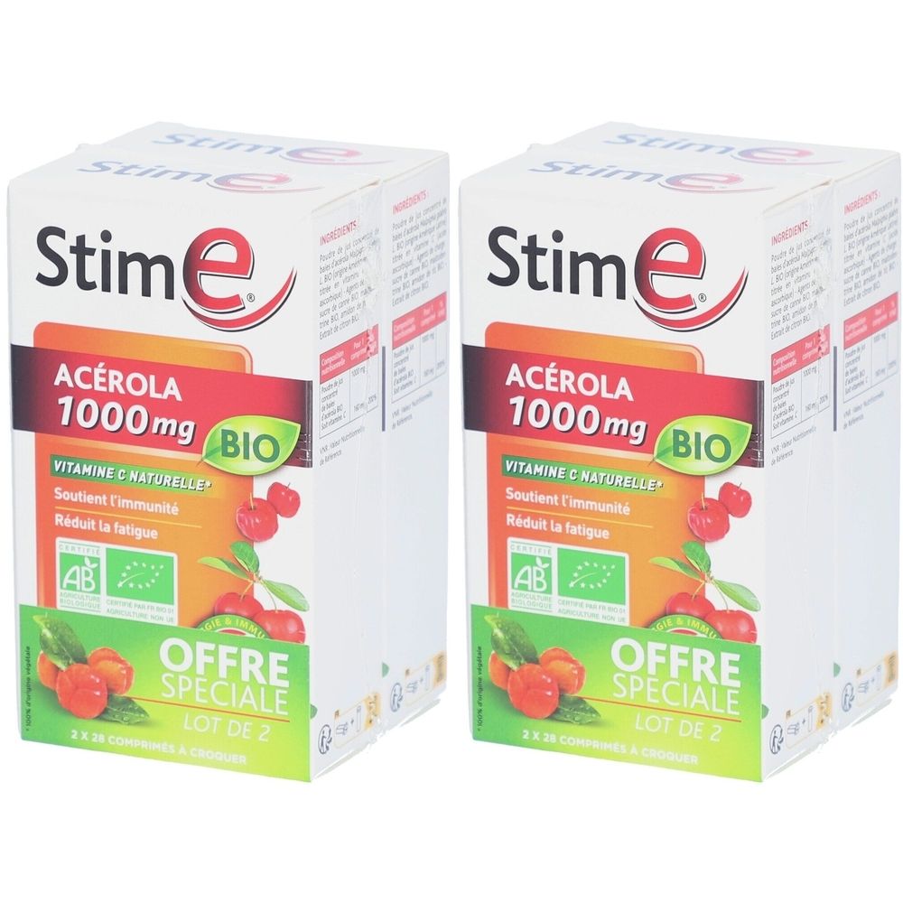 Zwei Kartons mit Aufschrift "Stim e Acérola 1000mg BIO". Enthält Vitamin C. Mit AB-Bio-Siegel. "Offre Spéciale" und "Lot de 2" sind sichtbar.