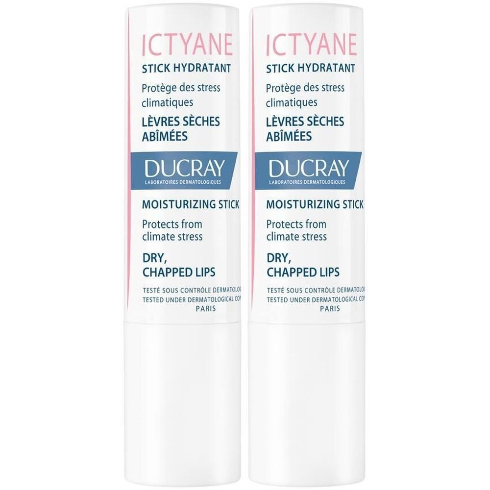 Zwei Lippenpflegestifte. Aufschrift: Ictyane, Stick Hydratant, Ducray. Für trockene, rissige Lippen. Dermatologisch getestet.