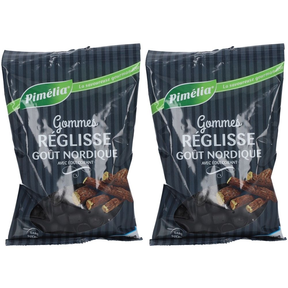 Deux paquets de "Gommes Réglisse Goût Nordique". Emballage noir avec image du produit.