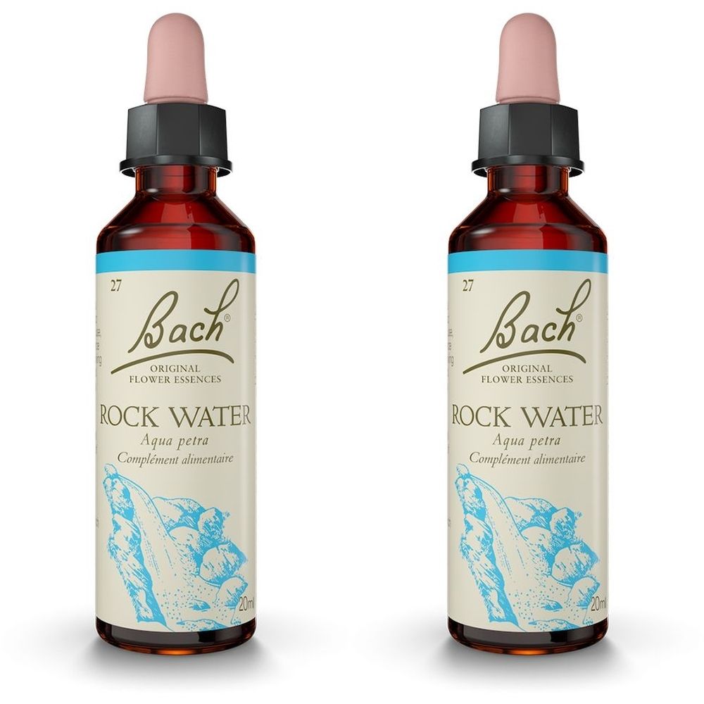 Zwei Flaschen mit Tropfer. Aufschrift: Bach Original Flower Essences Rock Water. Aqua petra. Ergänzungsmittel.
