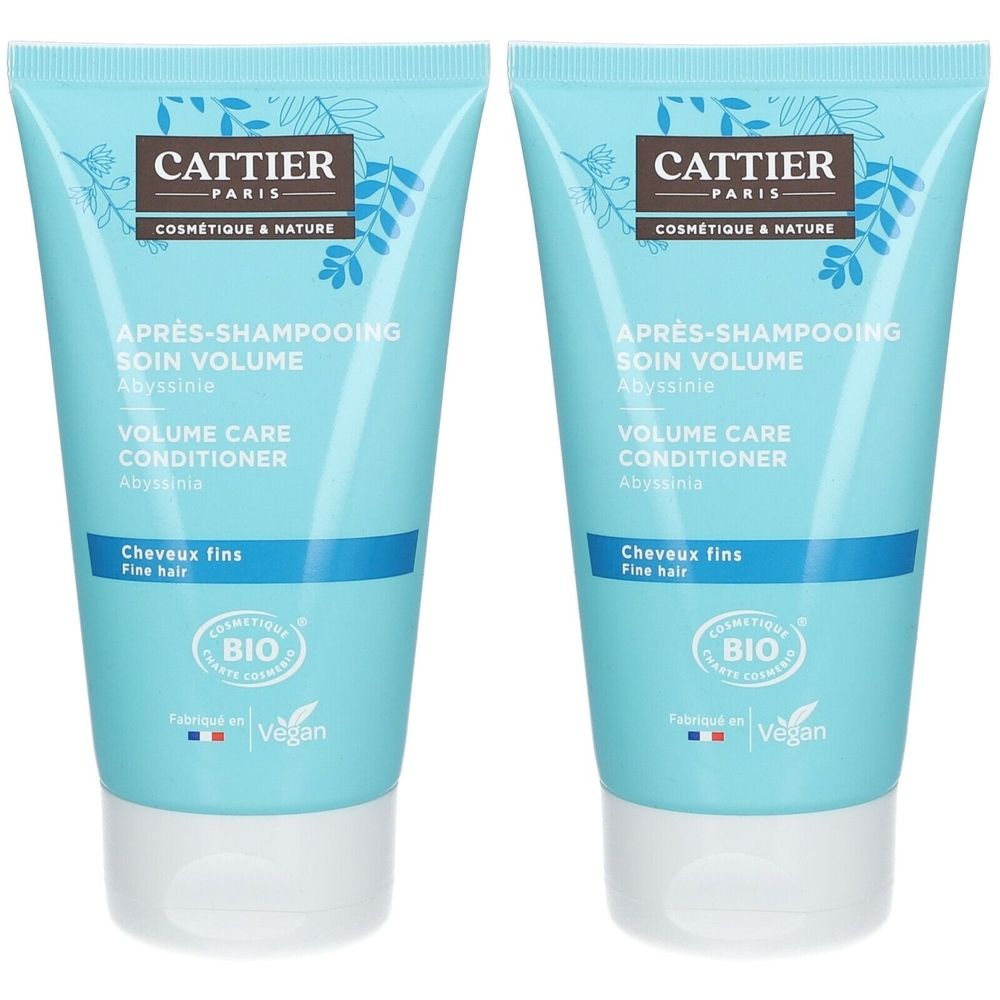 Zwei blaue Tuben Cattier Après-Shampooing. Aufschrift: Soin Volume, Conditioner, Cheveux fins. Bio-Zertifizierung und Vegan-Siegel.