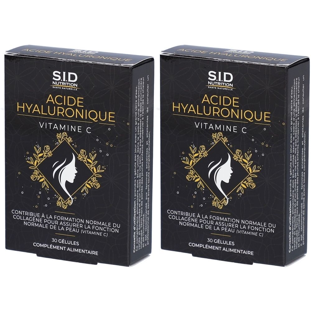 Zwei Schachteln mit der Aufschrift "SID Nutrition Acide Hyaluronique Vitamine C". Schwarze Verpackung mit goldfarbenen Akzenten und Text.