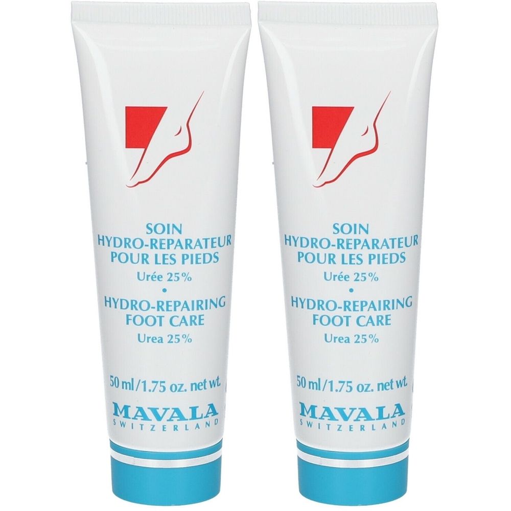 Zwei Tuben Fußcreme. Weiß mit rotem Akzent und Fuß-Illustration. Text: Soin Hydro-Réparateur, Urée 25%, MAVALA.