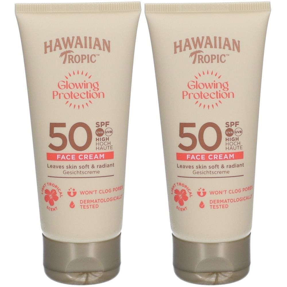 Zwei Tuben Sonnencreme. Aufschrift: Hawaiian Tropic, Glowing Protection, SPF 50, Face Cream. Dermatologisch getestet.