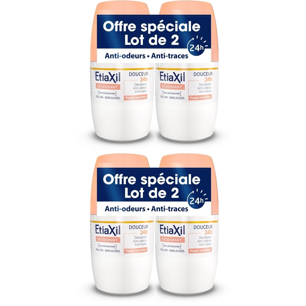 Quatre déodorants roll-on blancs avec capuchon rose. Inscription "Offre spéciale Lot de 2".