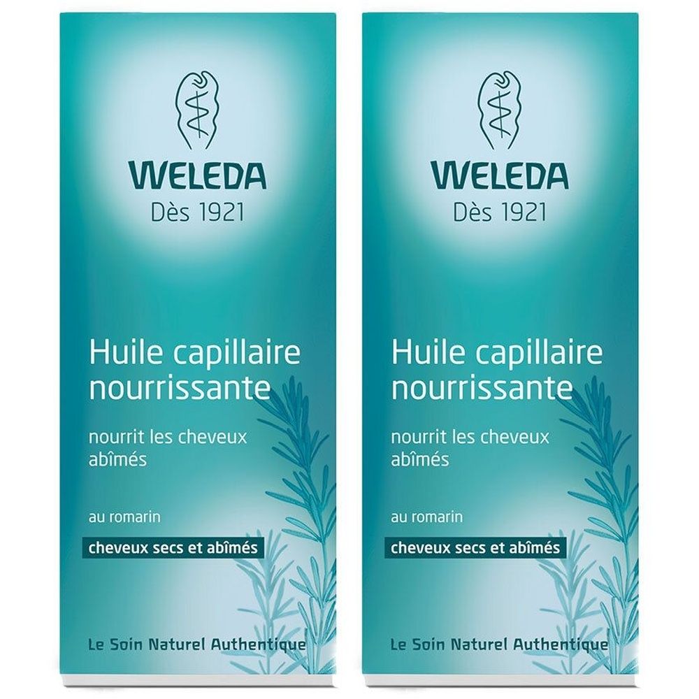 Zwei Flaschen Weleda Huile capillaire nourrissante. Aufschrift: nährt geschädigtes Haar, Rosmarin, für trockenes und strapaziertes Haar.