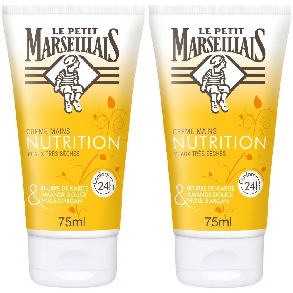 Deux tubes de crème pour les mains. Inscription : Le Petit Marseillais, Crème Mains Nutrition, Peaux très sèches. Beurre de karité, huile d'argan.