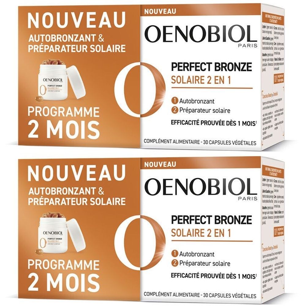Zwei Schachteln Oenobiol Perfect Bronze Solaire 2 en 1. Aufschrift: Autobronzant & Préparateur solaire, Programm 2 mois. 30 Kapseln.