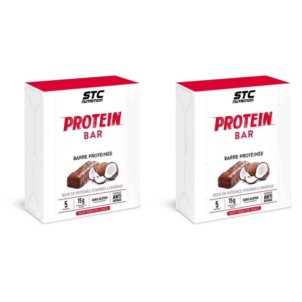 Zwei Proteinriegel-Verpackungen. Aufdruck: STC Nutrition, Protein Bar, Barre Protéinée. Abbildung von Riegel und Kokosnuss. Text: 5, 15g, sans gluten.