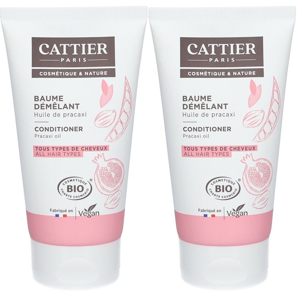 Deux tubes de Baume Démêlant. Inscription: Cattier Paris, Tous types de cheveux. Certifié Bio et Vegan. Contient de l'huile de pracaxi.