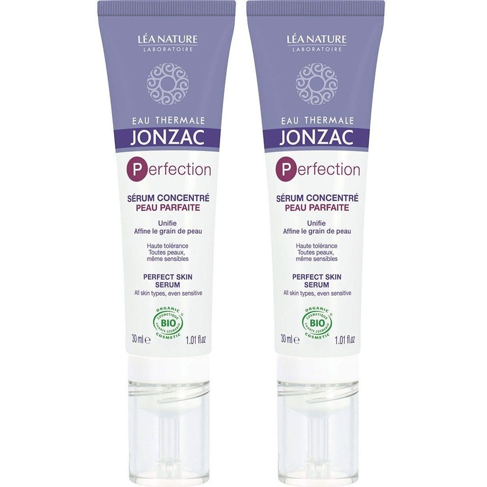 Deux tubes de sérum. Violet et blanc. Inscription: Eau Thermale Jonzac Perfection. Certification bio.