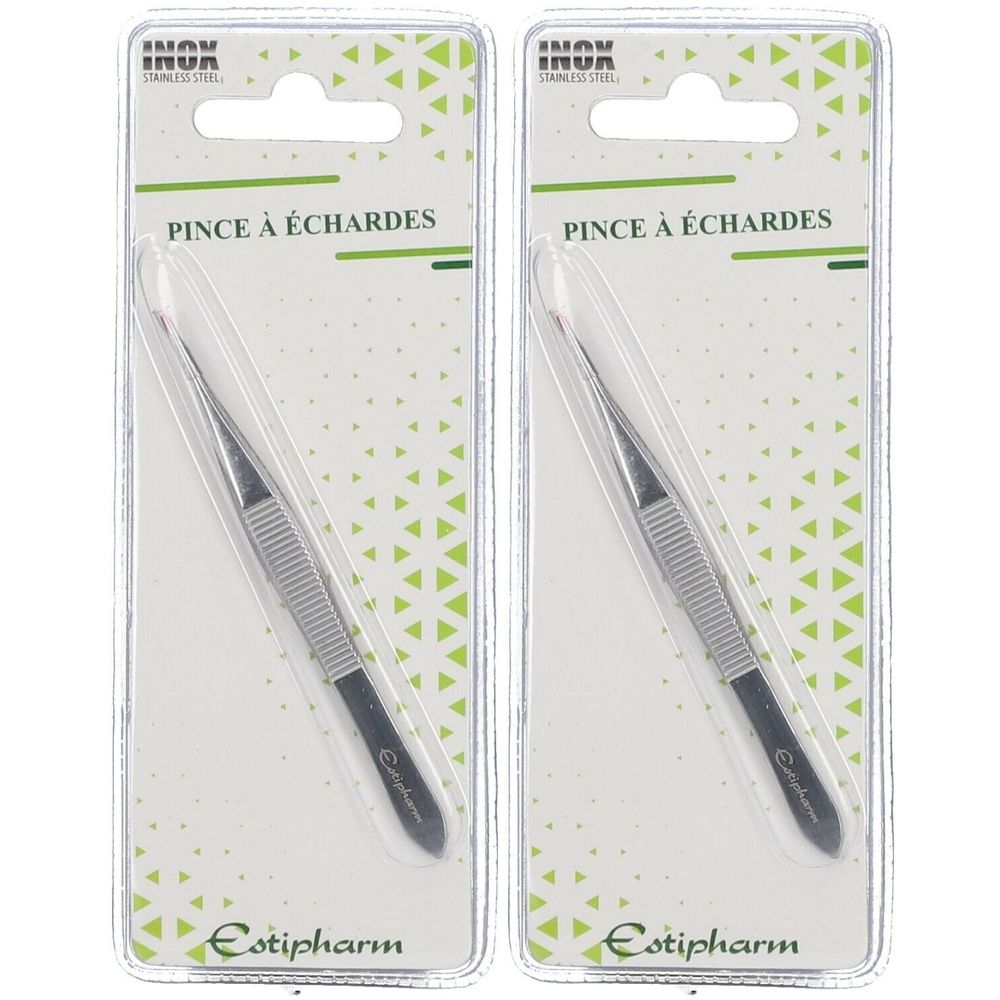 Zwei Pinzetten in Blisterverpackung. Aufschrift: Pince à échardes. Marke: Estipharm. Edelstahl.
