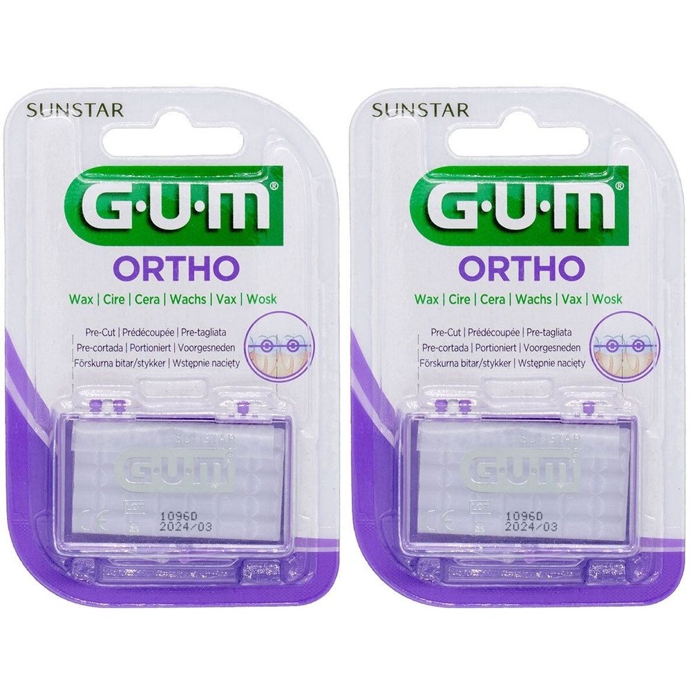 Deux emballages de cire GUM Ortho. Emballage blister vert et blanc avec nom et texte du produit. Boîtes de produit violettes visibles.