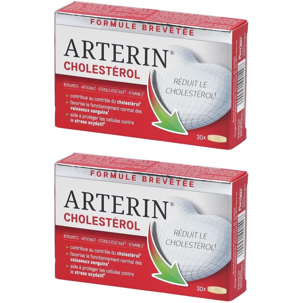 Deux boîtes rouges ARTERIN CHOLESTÉROL. Inscription "RÉDUIT LE CHOLESTÉROL" et "30x" sur chaque boîte.