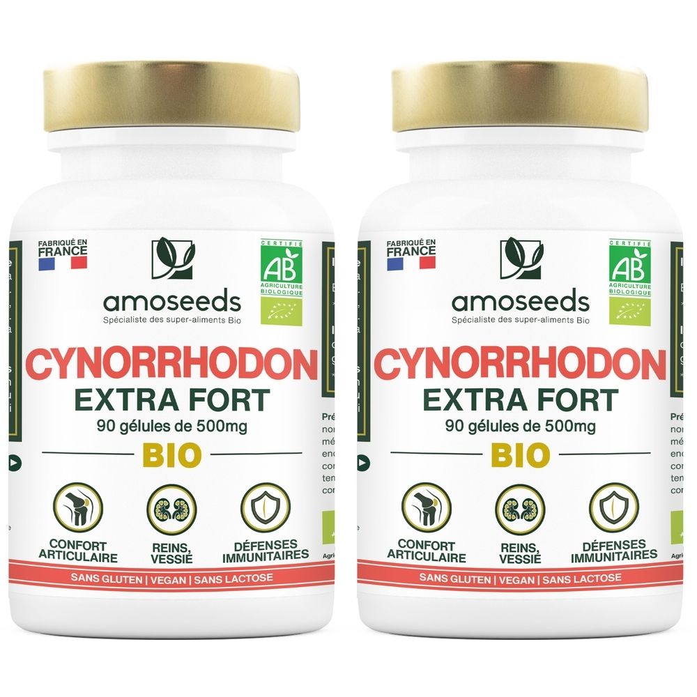 Deux flacons blancs avec couvercles dorés. Inscription: CYNORRHODON EXTRA FORT BIO. Avec label AB bio et label d'origine France.
