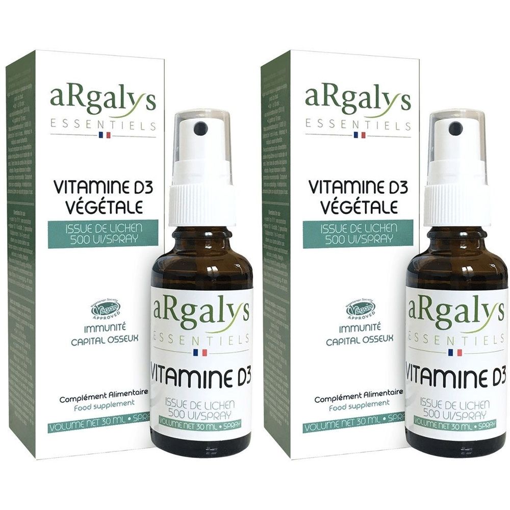 Deux flacons de spray vitamine D3 avec emballage. Inscription : aRgalys, Vitamine D3 végétale, 500 UVspray.