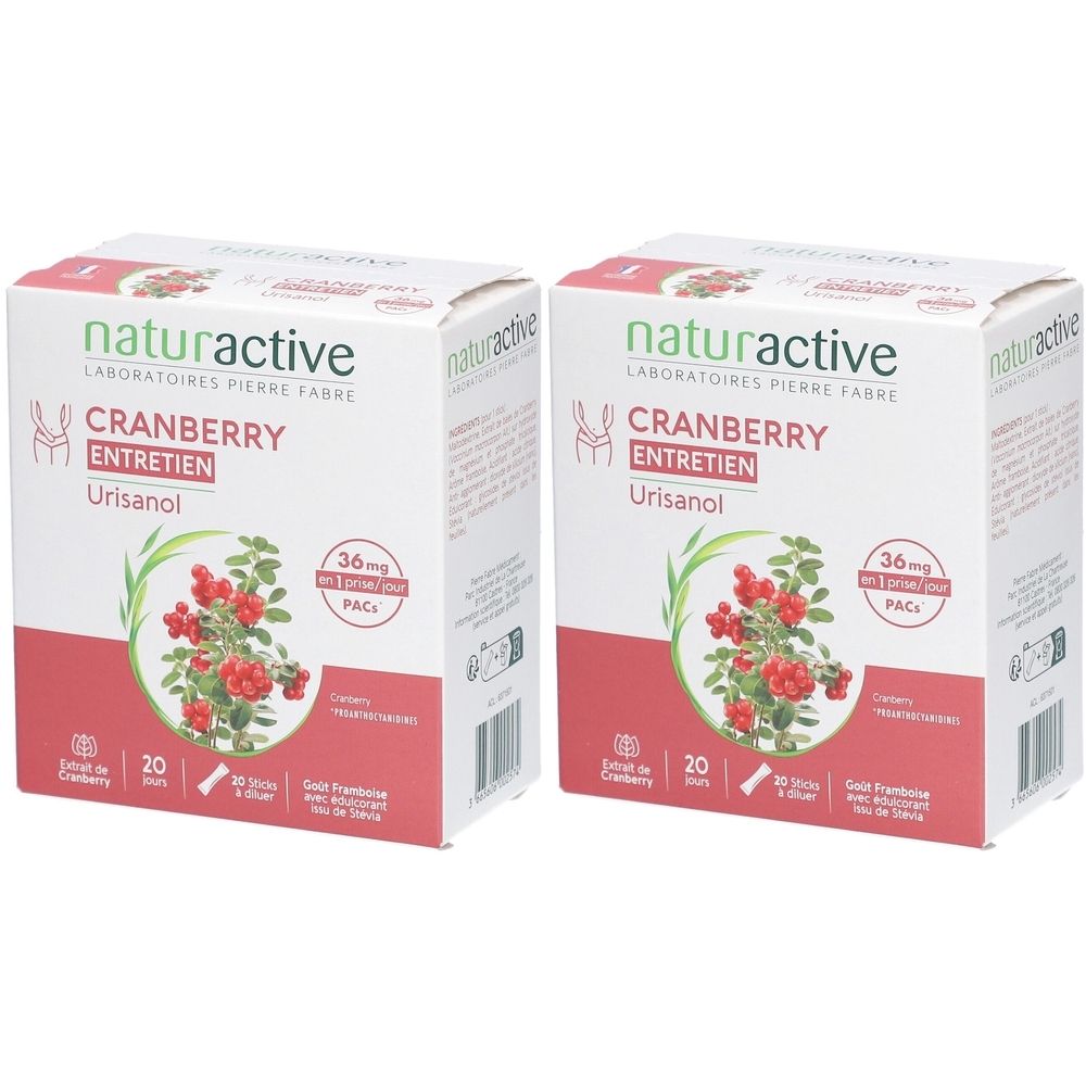 Deux boîtes de Naturactive Urisanol Cranberry Entretien. Inscription du nom du produit, image de cranberry et 20 sticks.