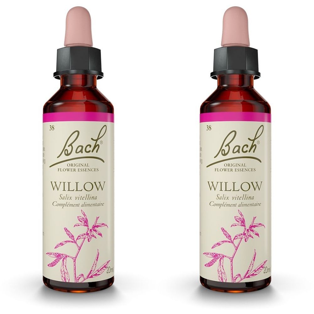 Deux flacons avec compte-gouttes. Inscription : Bach Original Flower Essences Willow. Complément alimentaire.