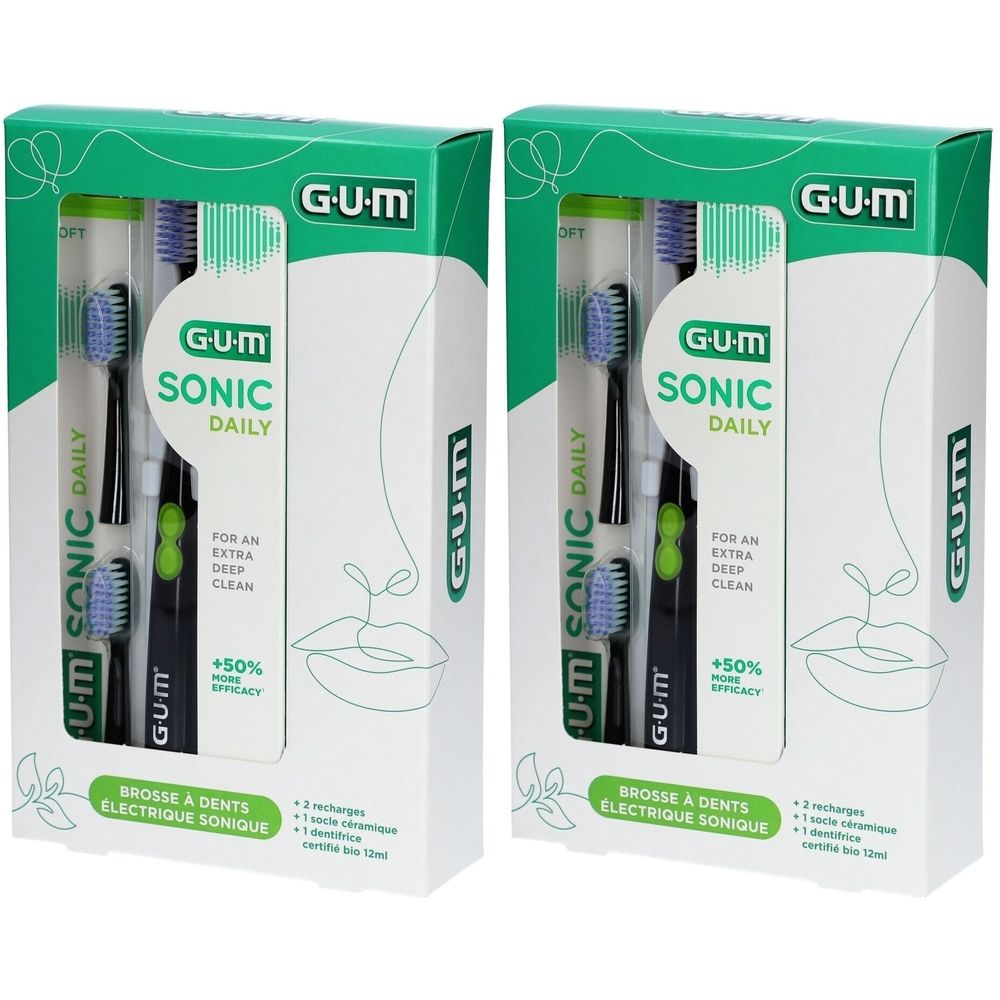 Deux coffrets de brosses à dents électriques. Chaque coffret contient une brosse à dents, deux recharges et le nom du produit.