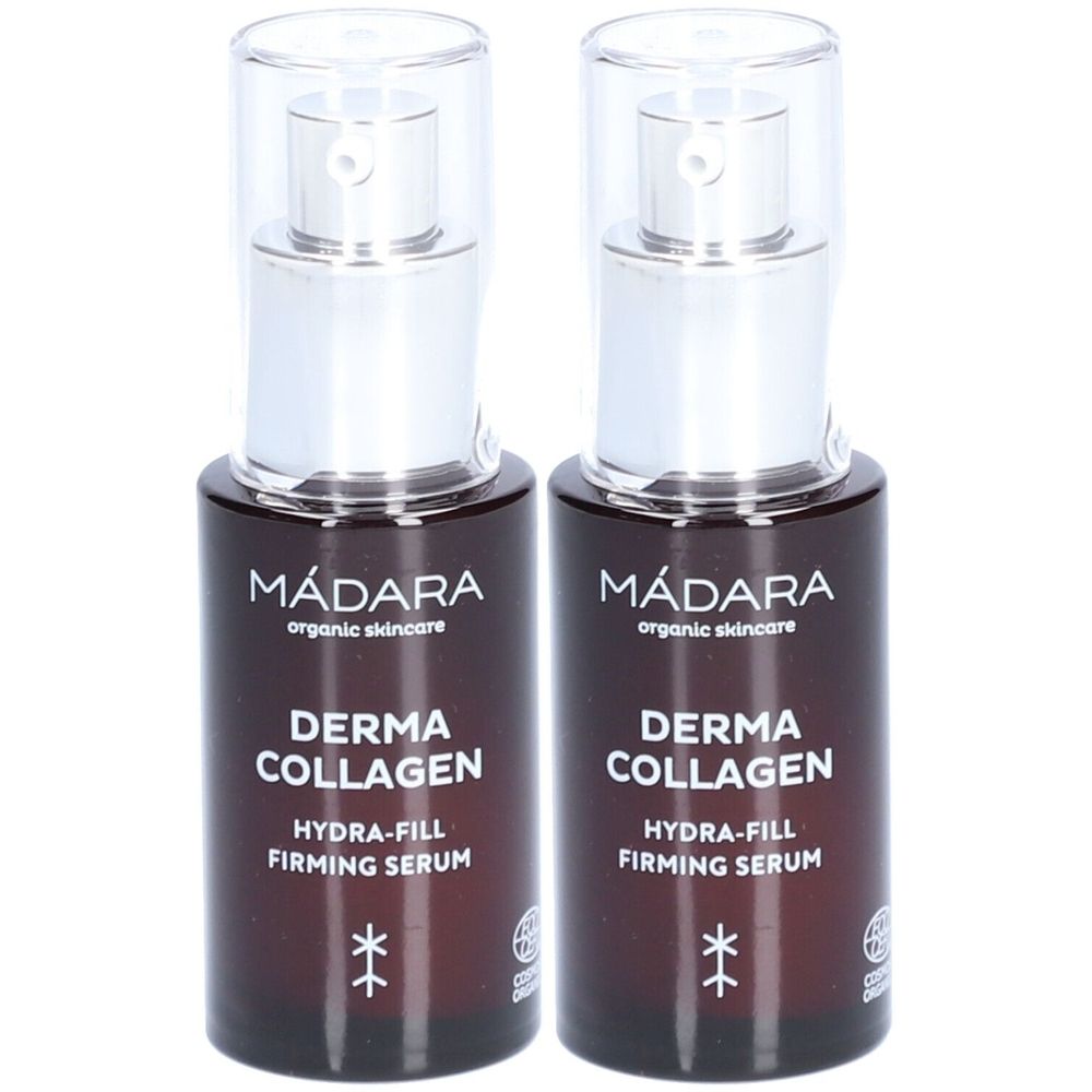 Deux flacons de sérum raffermissant Mádara Derma Collagen Hydra-Fill. Flacons en verre brun avec pompes argentées et texte blanc.