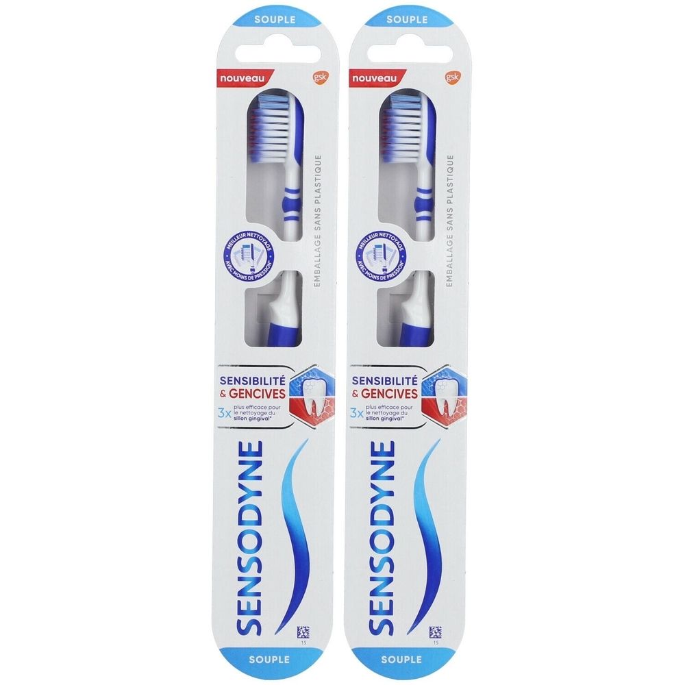 Deux brosses à dents Sensodyne Sensibilité & Gencives Souple, emballées. Têtes bleues et blanches, manches bleus.