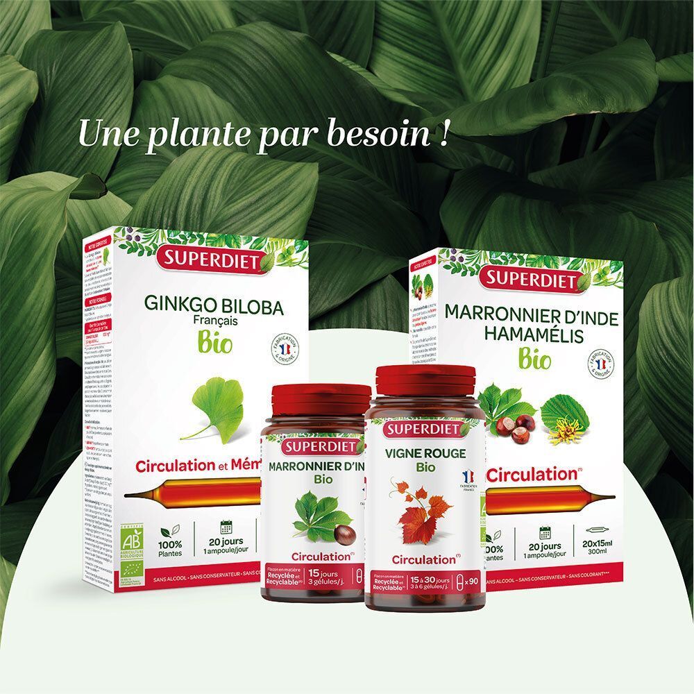 Deux produits SUPERDIET : Ginkgo Biloba et Vigne Rouge Bio, en boîtes et flacons.