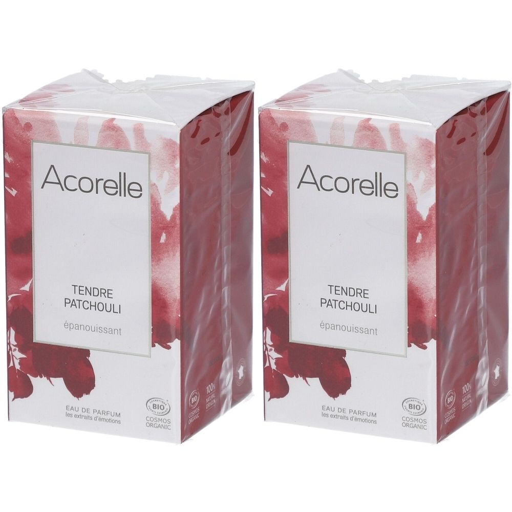 Deux boîtes de parfum. Inscription: Acorelle, Tendre Patchouli, certification bio. Emballées sous film plastique.