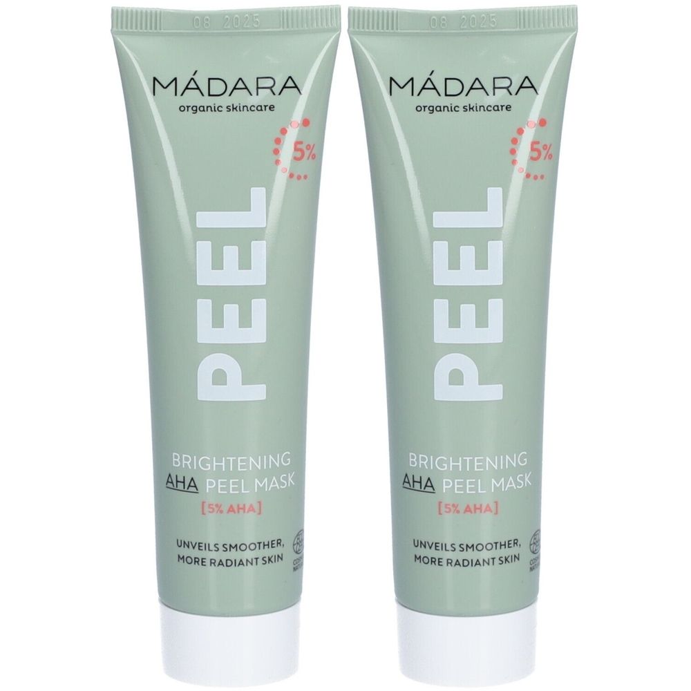 Zwei Tuben Mádara Brightening AHA Peel Mask. Hellgrüne Tuben mit weißer Schrift. Aufschrift: PEEL, Brightening AHA Peel Mask.