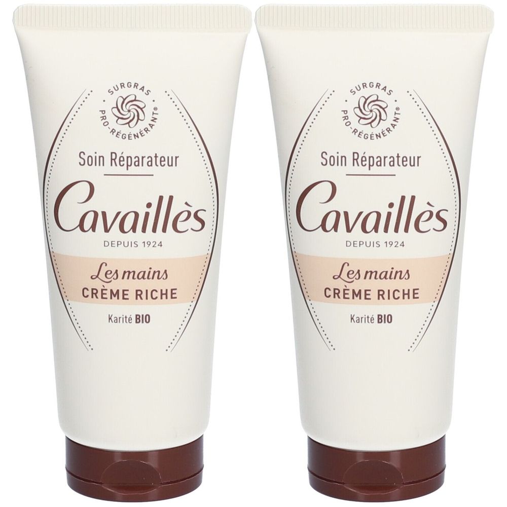 Zwei Tuben Cavaillès Crème mains et ongles. Weiß, mit braunem Verschluss. Aufschrift: Crème Riche, Karité BIO.