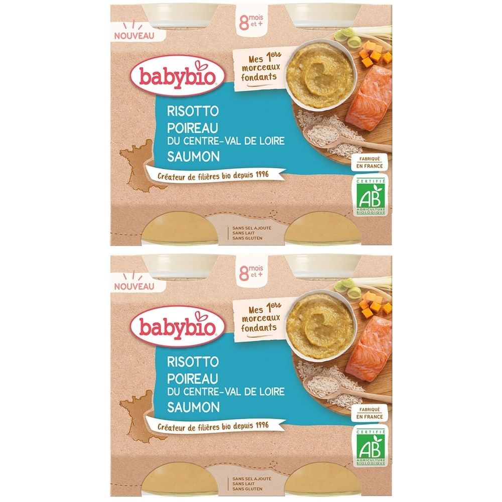Verpackung von Babybio Risotto mit Lauch, Loire-Tal, Lachs, ab 8 Monaten. Bio-Zertifizierung.