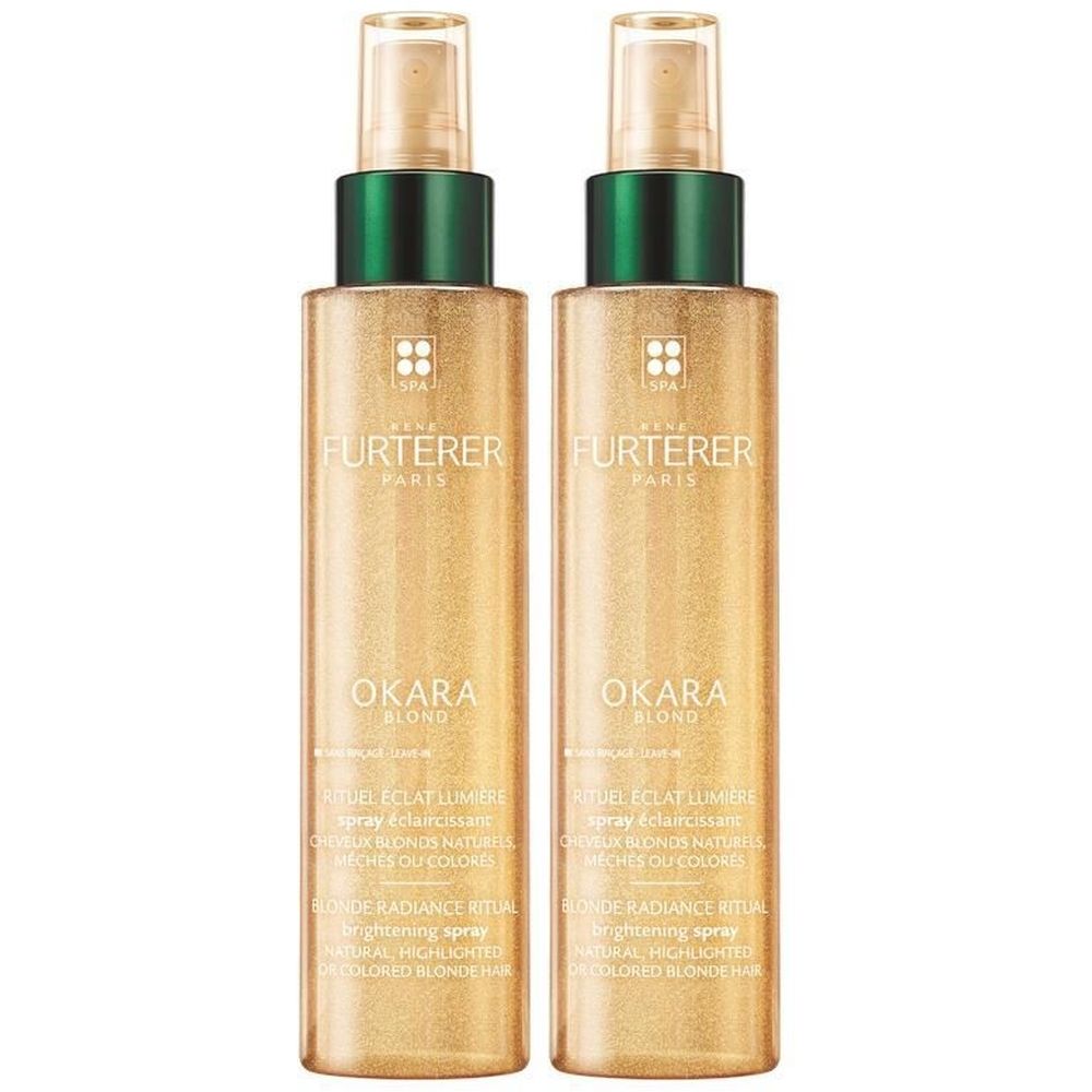 Deux flacons spray dorés. Inscription : FURTERER PARIS, OKARA BLOND. Bouchon vert, tête de pulvérisation transparente.