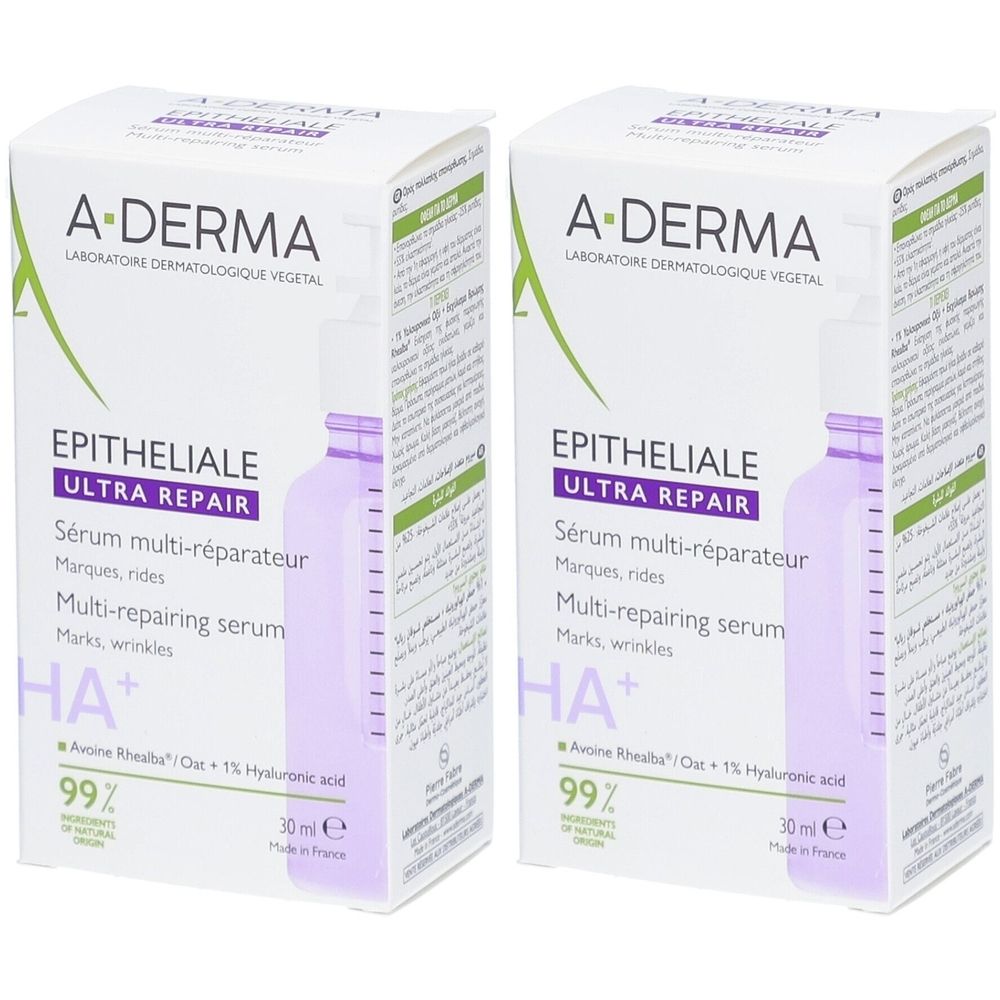Zwei Kartons A-DERMA Epitheliale Ultra Repair Serum. Aufschrift: Sérum multi-réparateur, 30 ml.