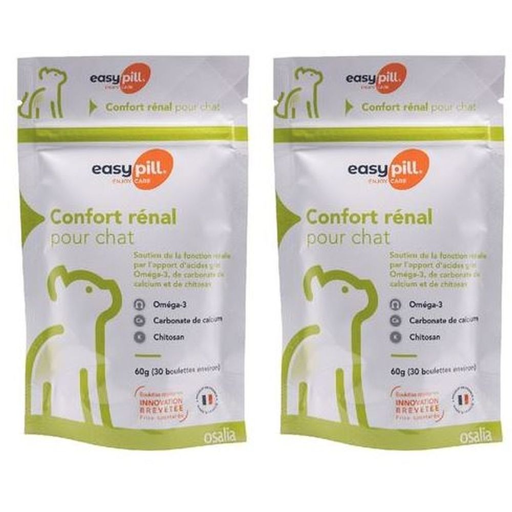 Deux sachets de Osalia Easypill® Confort Rénal pour chat. Blanc avec des accents verts. Texte: Confort rénal pour chat, Oméga-3, Chitosan.