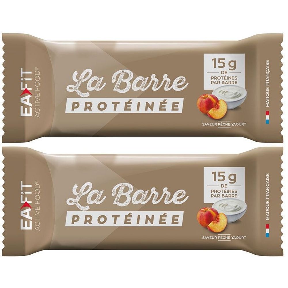 Deux barres protéinées. Inscription: La Barre Protéinée, 15 g de protéines par barre, saveur pêche yaourt. Marque EA FIT.