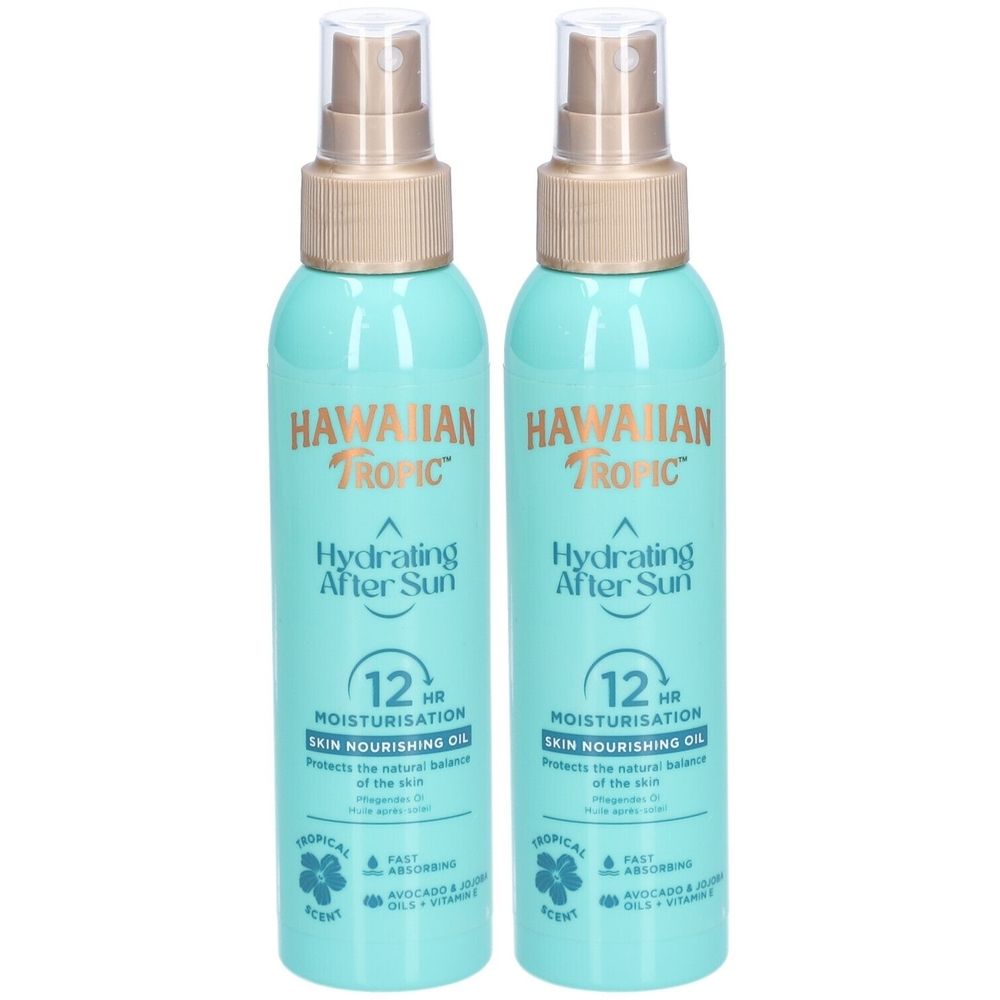 Deux flacons de brume turquoise. Inscription: Hawaiian Tropic, Hydrating After Sun, 12h d'hydratation. Huile nourrissante pour la peau.