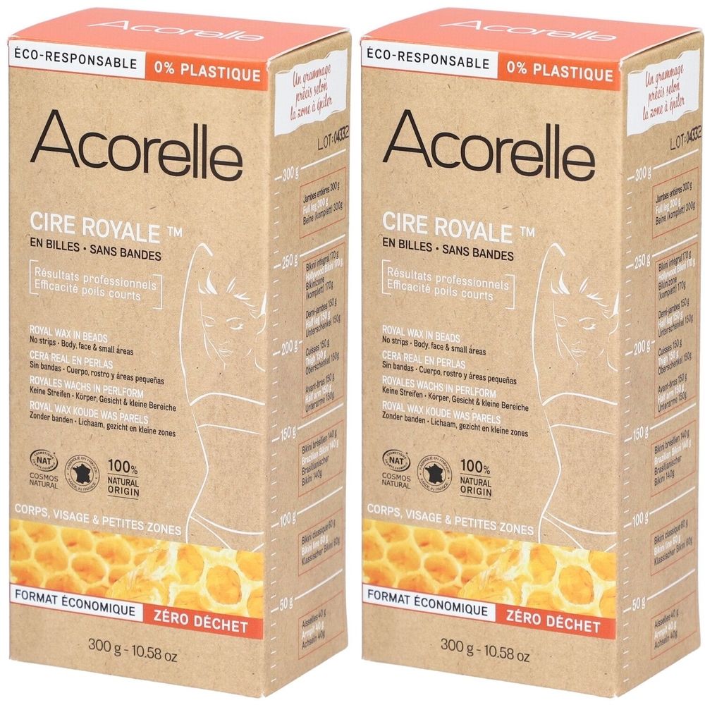Zwei Kartons Acorelle Cire Royale en billes. Aufschrift: Cire Royale, 300g, 0% Plastik, Eco-Responsable, für Körper, Gesicht und kleine Zonen.