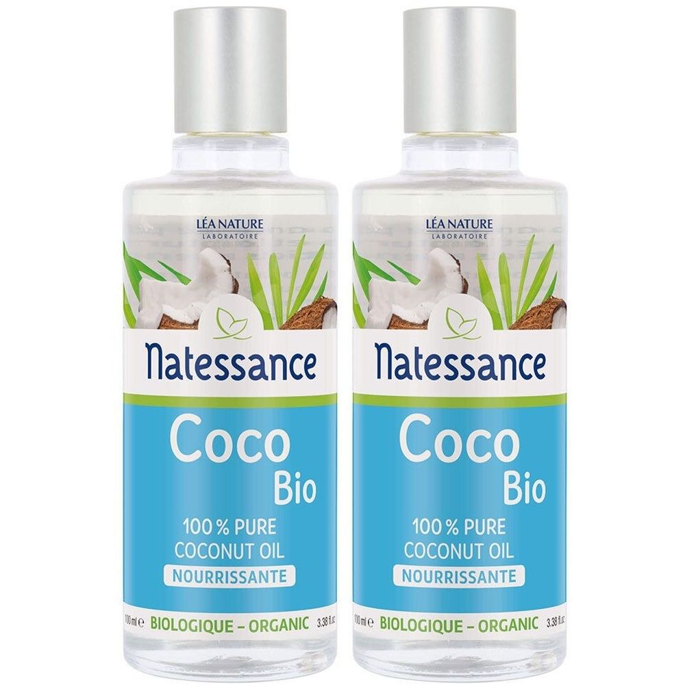 Zwei Flaschen mit silbernen Deckeln. Auf den Etiketten steht "Natessance Coco Bio 100% Pure Coconut Oil".
