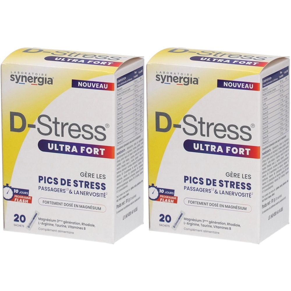 Zwei Schachteln D-Stress Ultra Fort. Gelb-weißes Design mit Produktnamen und Inhaltsangaben. Aufschrift: "Nouveau".