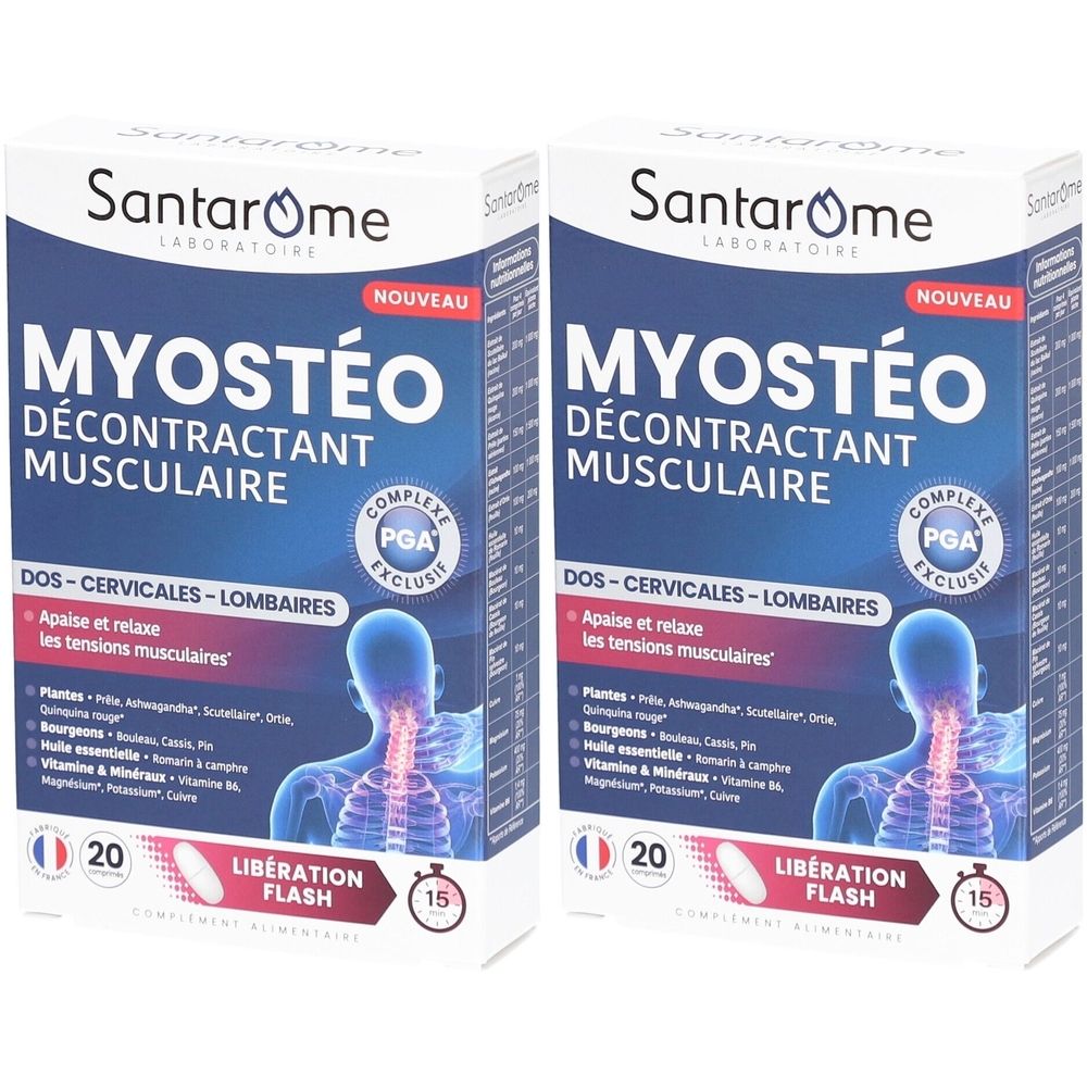 Zwei Schachteln Santarome Myostéo. Aufschrift: Myostéo Décontractant Musculaire. Enthält 20 Tabletten. Mit PGA-Komplex.