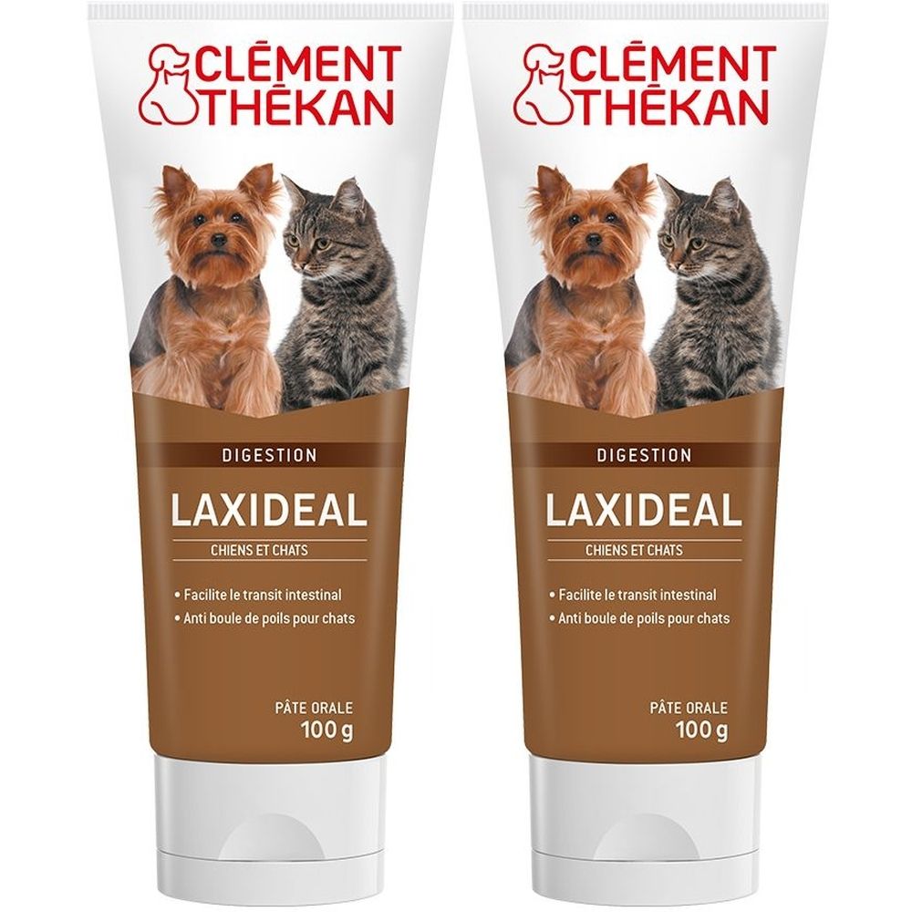 Deux tubes de pâte orale LAXIDEAL pour chiens et chats. Illustration d'un chien et d'un chat. Contenance : 100g.