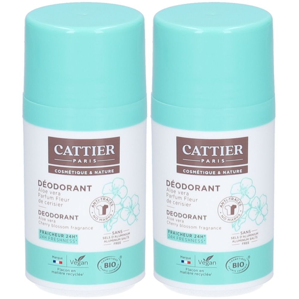 Deux déodorants roll-on avec bouchons turquoise. Inscription: CATTIER, DEODORANT 24H, Aloe vera-Sauge, certification BIO.