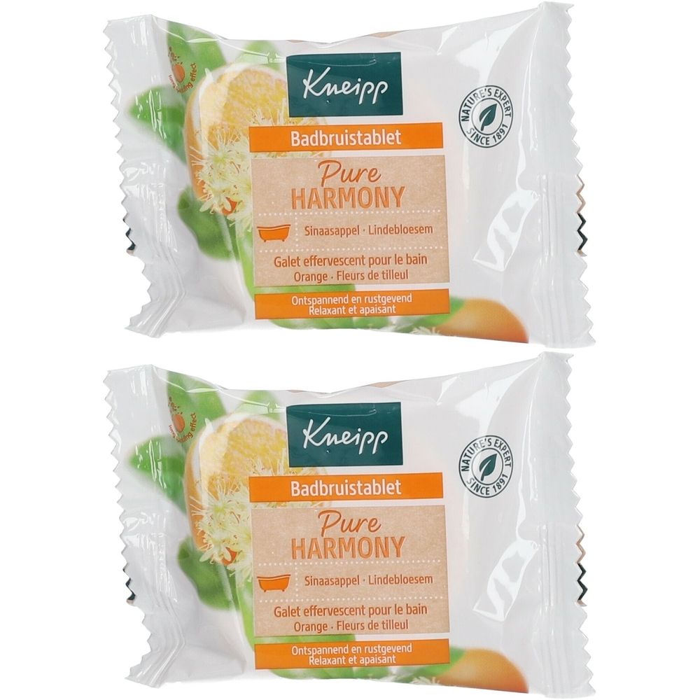 Deux tablettes de bain Kneipp emballées. Inscription : Pure Harmony, Orange, Fleurs de tilleul. Label naturel.