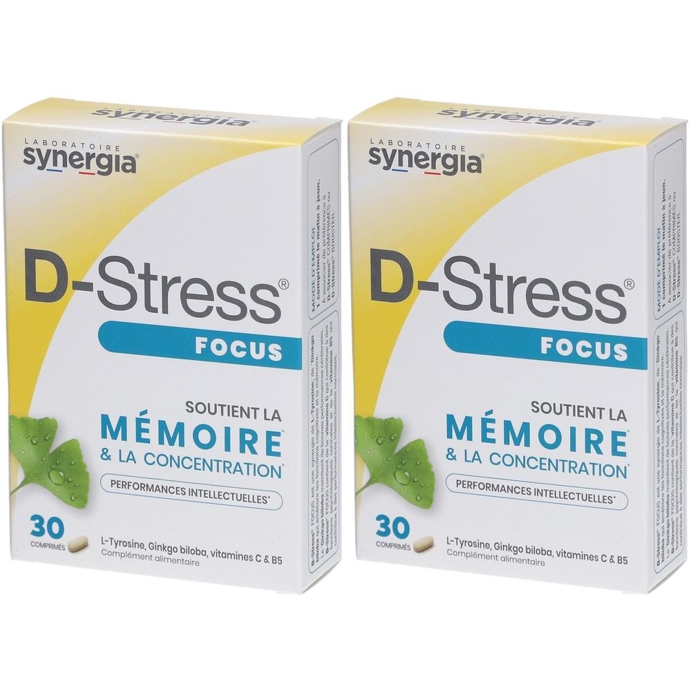 Zwei Schachteln mit der Aufschrift D-Stress Focus. Aufschrift: Unterstützt das Gedächtnis und die Konzentration. 30 Tabletten.
