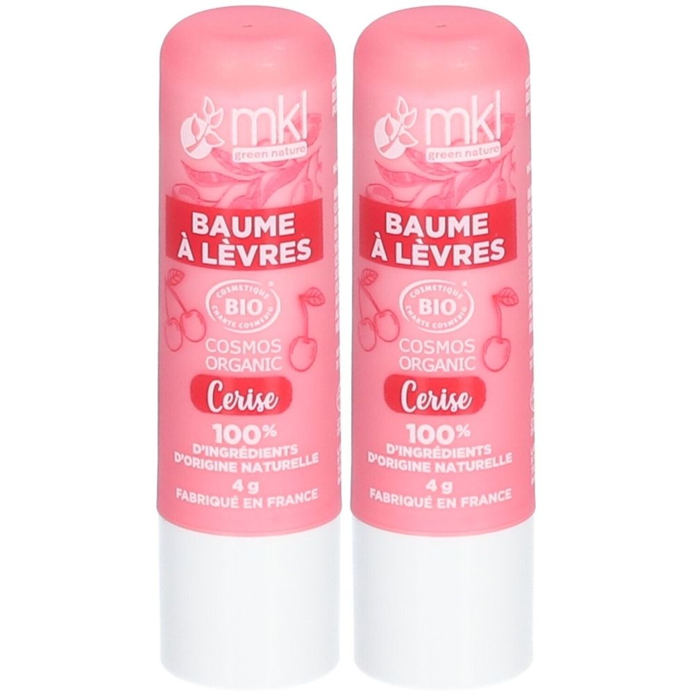 Deux sticks de baume à lèvres roses. Inscriptions: BAUME À LÈVRES, BIO, Cerise, 100% ingrédients naturels, 4g, Fabriqué en France. Marque mkl.