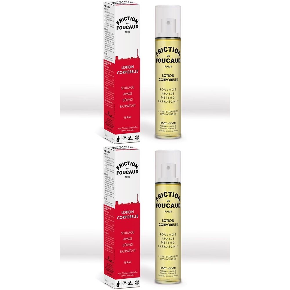 Deux flacons et deux boîtes. Inscription : Friction de Foucaud, Lotion Corporelle. Têtes de pulvérisation blanches, emballage rouge et blanc.