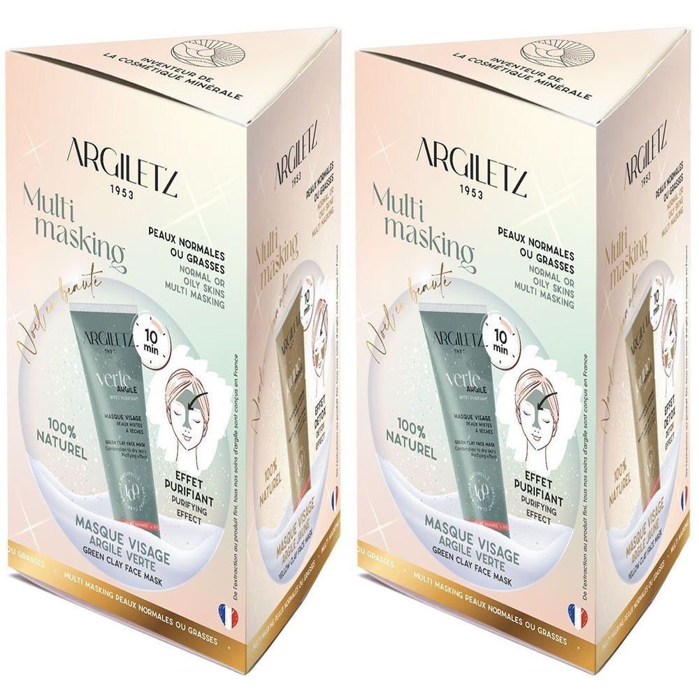 Deux boîtes Argiletz Multi-masking. Inscription: Argile Verte, 100% naturel, pour peaux normales ou grasses.