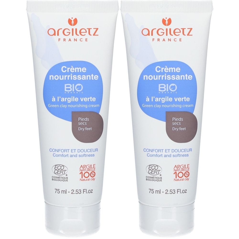 Deux tubes de crème Argiletz. Inscription : Crème nourrissante BIO, à l'argile verte, Pieds secs. Certifications Eco Cert et Argile 100.